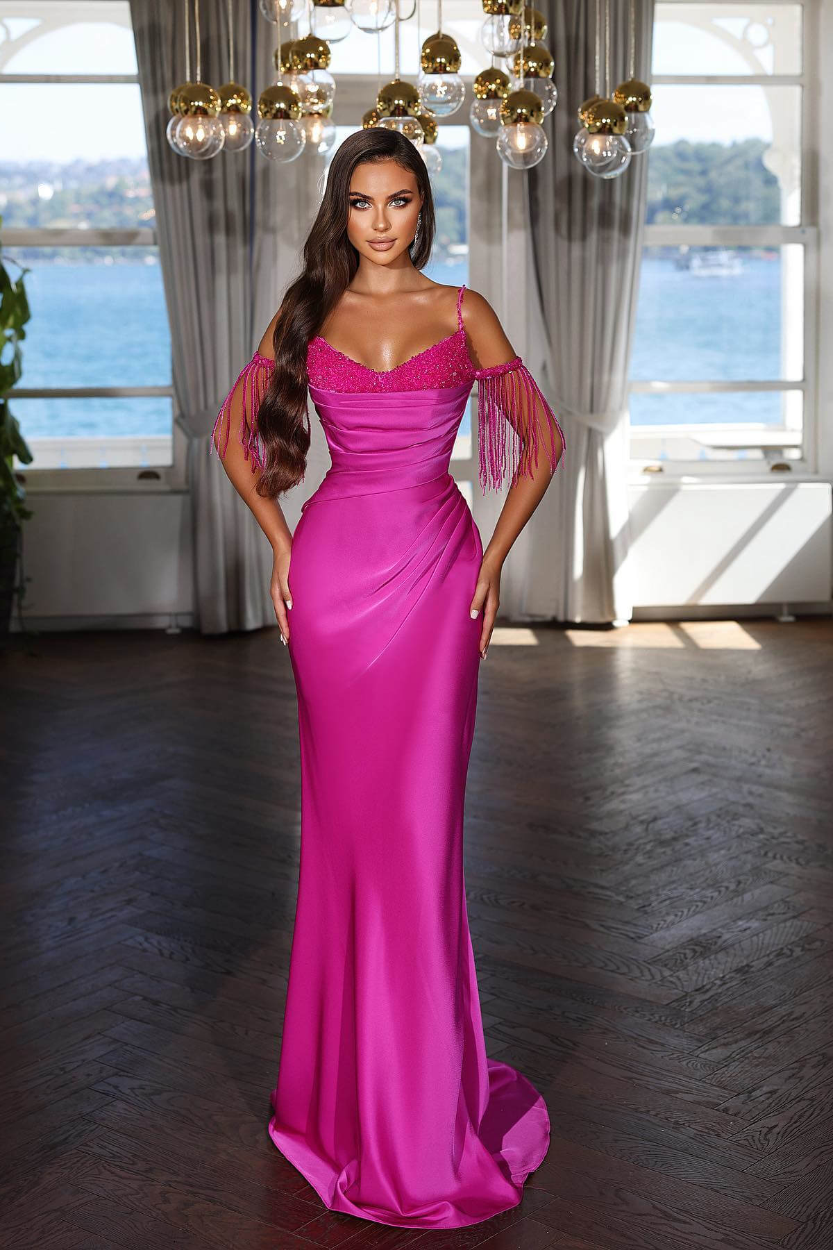 Fuchsia Spaghetti Strap Evening Dress with Pleated Tassel Sequins BM bride