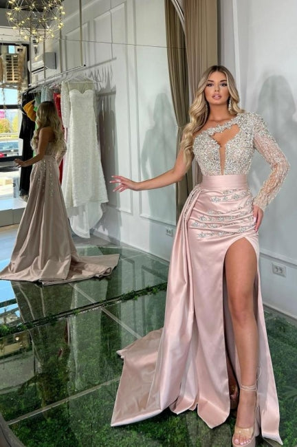 Beautiful Long Pink Mermaid One Shoulder Long Sleeve Glitter Prom Dress With Slit