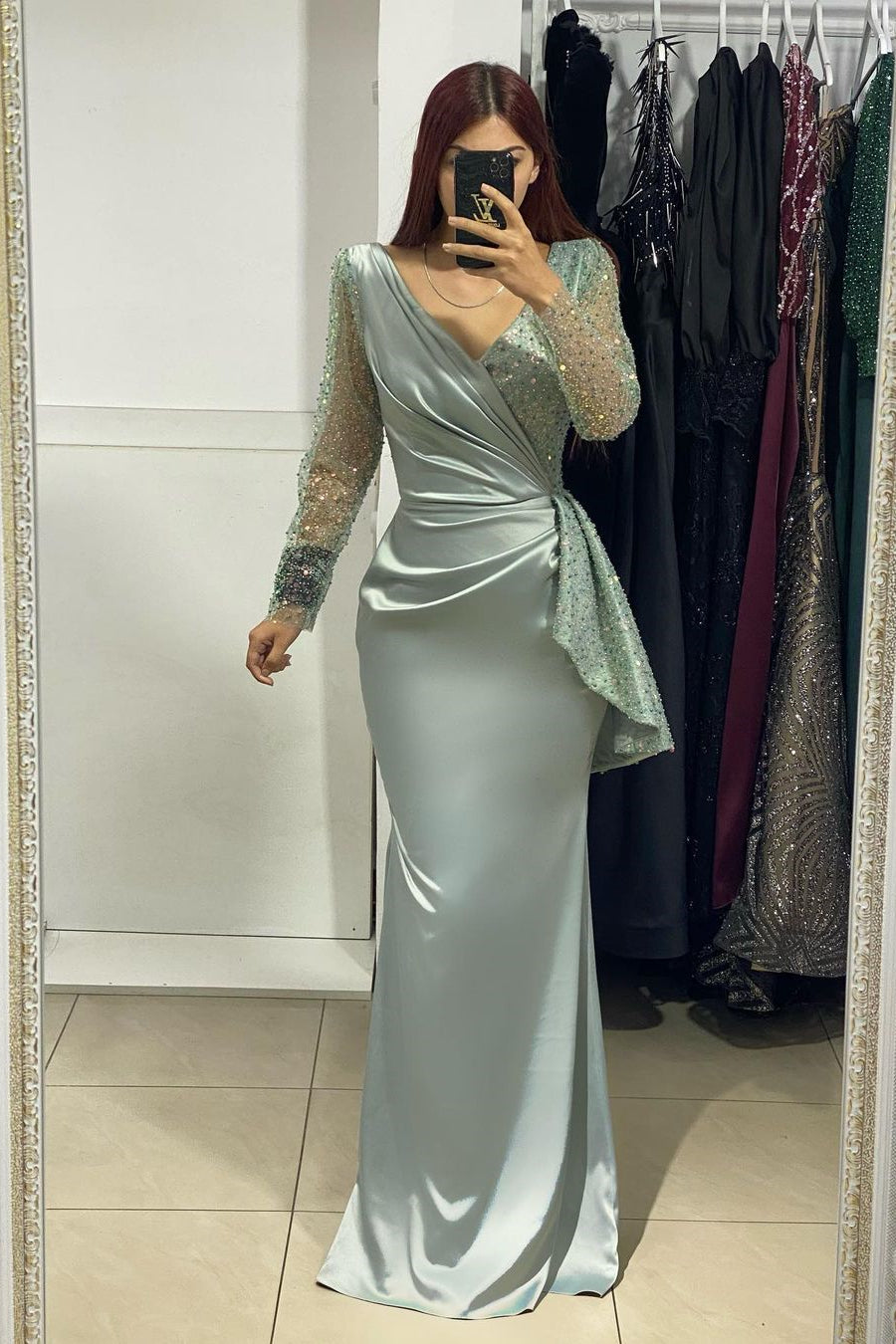 Charming Long V-Neck Long Sleeves Mermaid Prom Dress With Rhinestone-BMbride.com