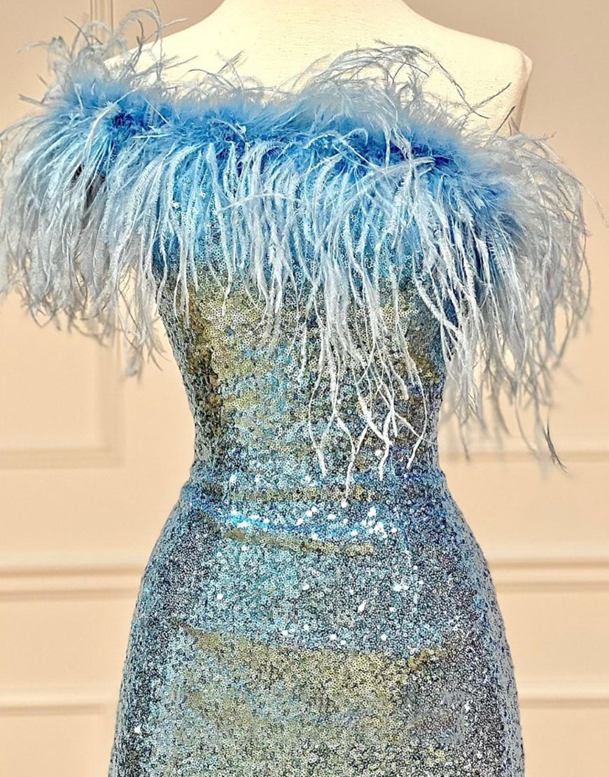 Sequin Sheath Homecoming Dress with Feather Details BM bride