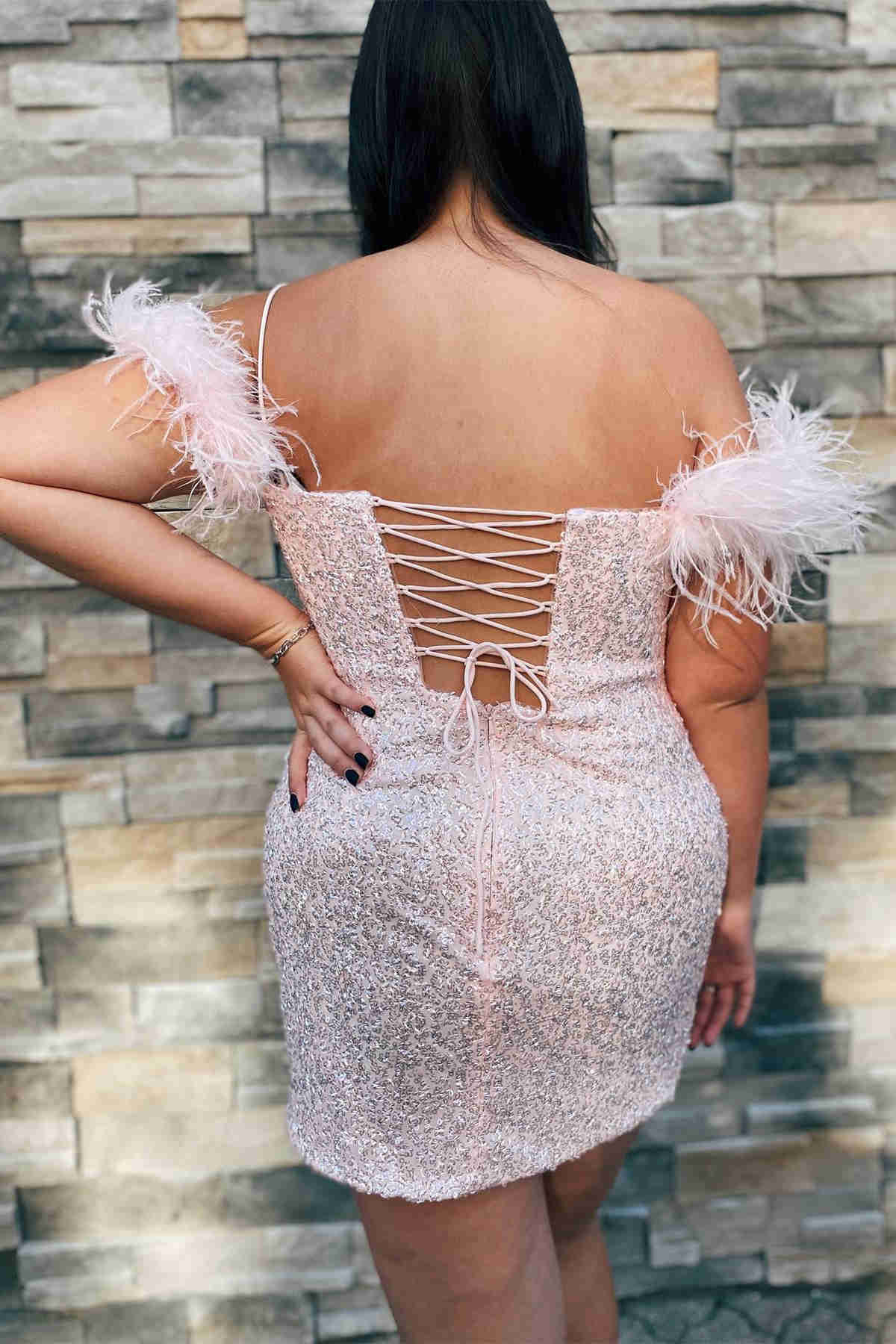 Glamorous Bodycon Sequined Dress with Feather Details BM bride