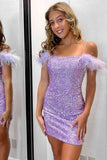 Glamorous Bodycon Sequined Dress with Feather Details BM bride