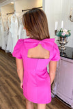 Beautiful Hot Pink Satin Dress with Elegant Sleeves and Charming Bow BM bride