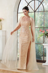 Stunning Scoop Neck Prom Dress with Side Slit, Beaded Details, and Elegant Cape