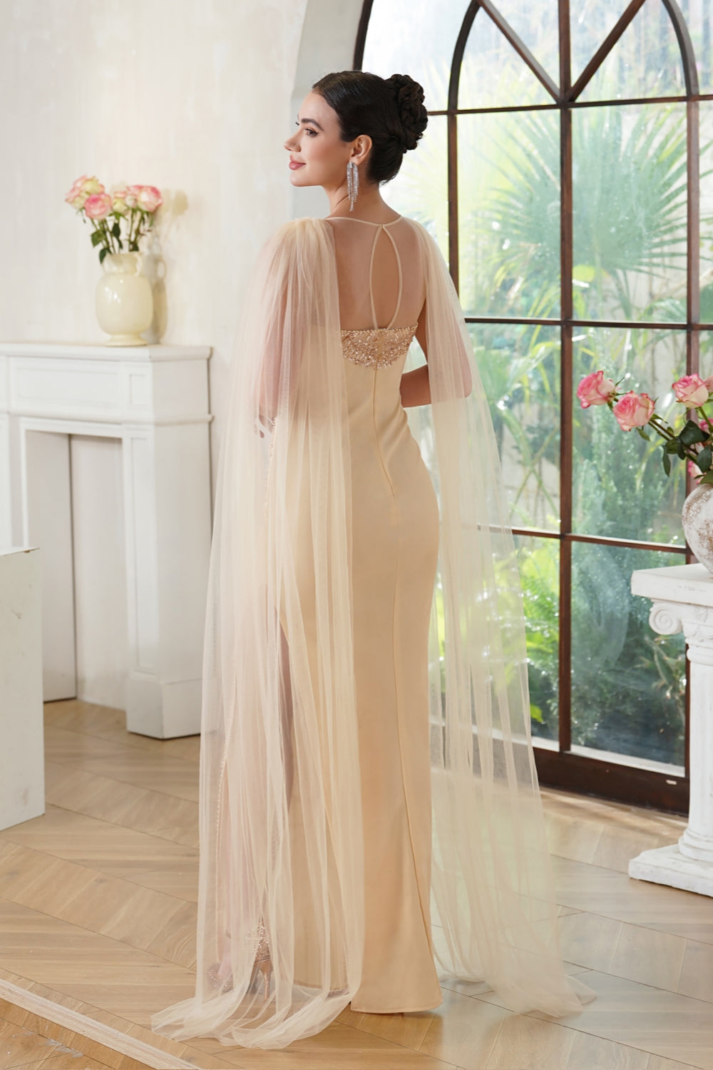 Stunning Scoop Neck Prom Dress with Side Slit, Beaded Details, and Elegant Cape