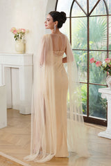 Stunning Scoop Neck Prom Dress with Side Slit, Beaded Details, and Elegant Cape