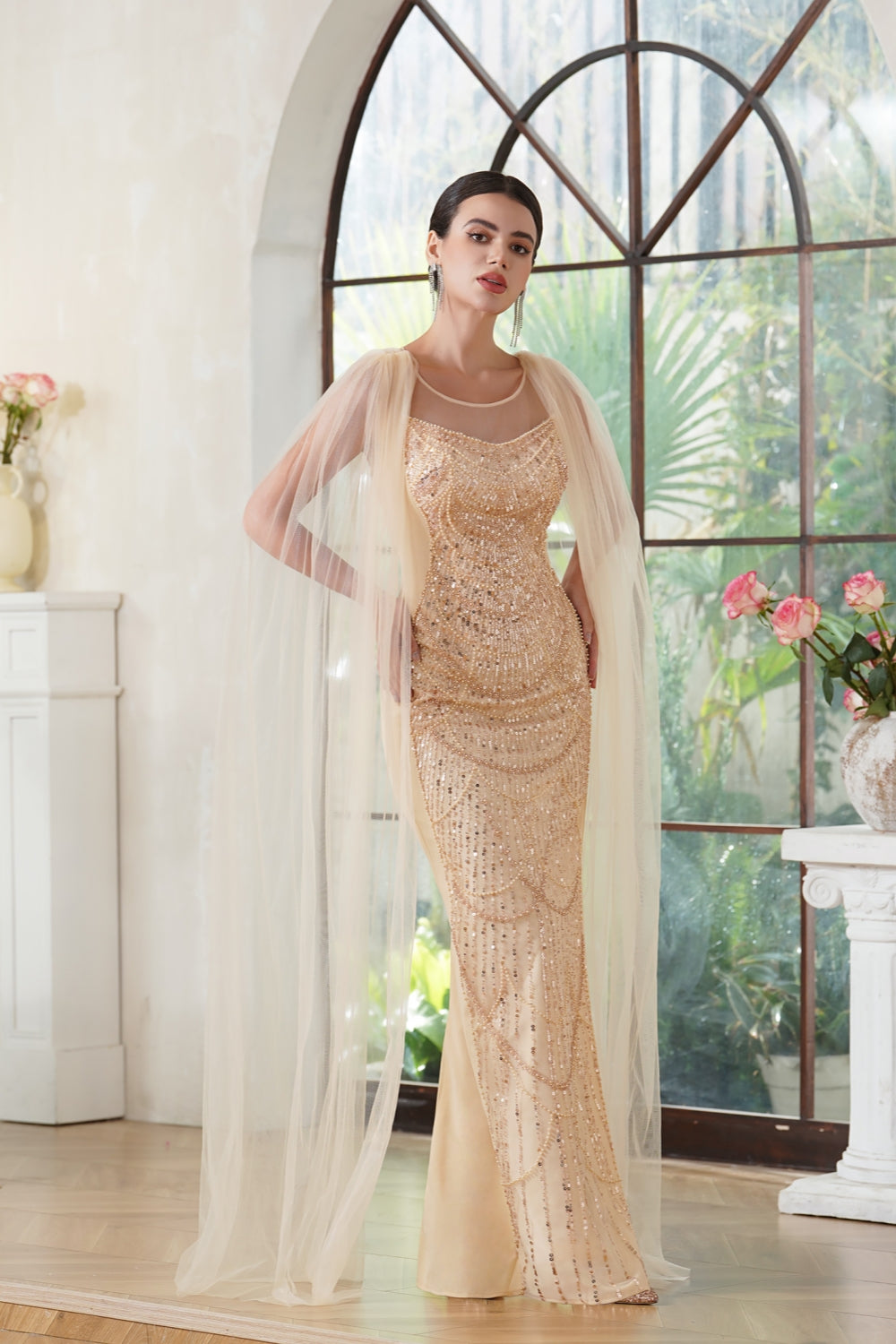 Stunning Scoop Neck Prom Dress with Side Slit, Beaded Details, and Elegant Cape