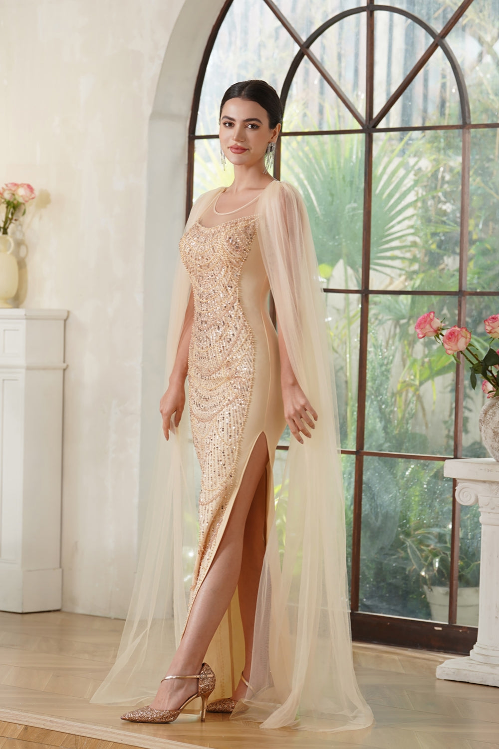 Stunning Scoop Neck Prom Dress with Side Slit, Beaded Details, and Elegant Cape