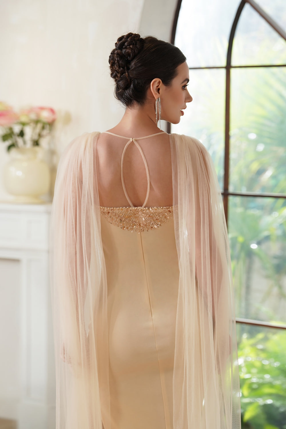 Stunning Scoop Neck Prom Dress with Side Slit, Beaded Details, and Elegant Cape