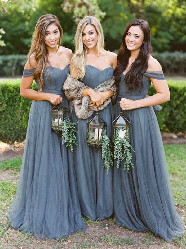 A-Line Elegant Floor-Length Tulle Ruffles Off-the-Shoulder Sleeveless Bridesmaid Dresses