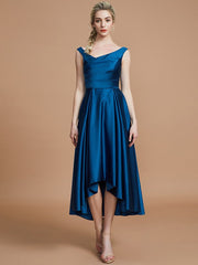 A-Line Elegant V-neck Satin Asymmetrical Sleeveless Bridesmaid Dresses