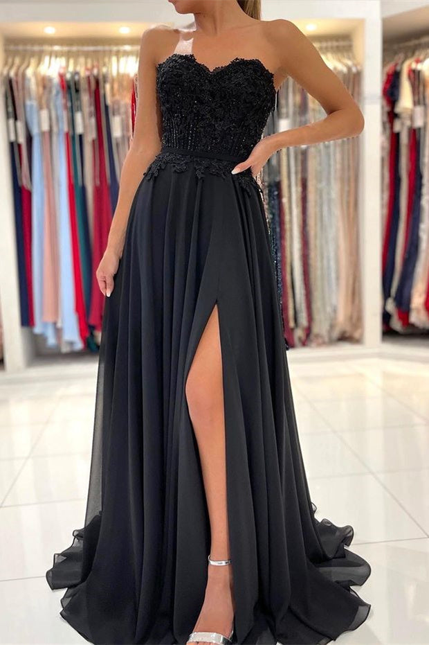 A-line Lace Long Front-Split Prom Dress Off-the-shoulder Evening Dress-BMbride.com