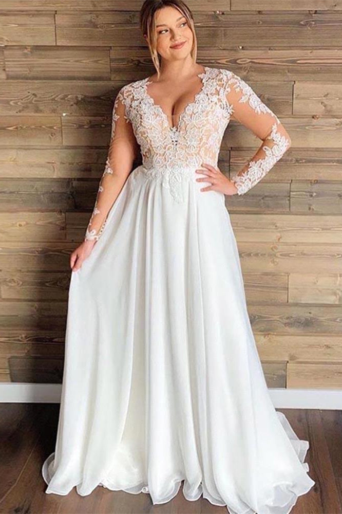 A-line Sheer Tulle Lace Wedding Gowns Long Sleeve Floor Length Beach Bridal Gowns-BMbride.com