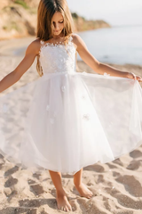 A-line White Sleeveless Straps Flower Girls Dress With Lace-BMbride.com