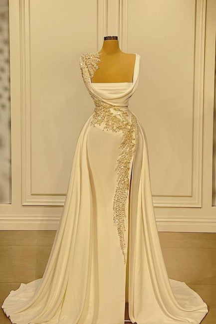 A-Line Wide Straps Square Neckline Beading Prom Dress With Side Slit-BMbride.com