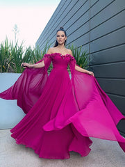 A-Line/Elegant Chiffon Floor-Length Long Sleeves Ruffles Off-the-Shoulder Prom Dresses