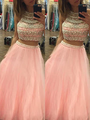 A-Line/Elegant Halter Sleeveless Tulle Floor-Length Beading Two Piece Prom Dresses