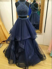 A-Line/Elegant Sleeveless Halter Tulle Beading Floor-Length Two Piece Prom Dresses