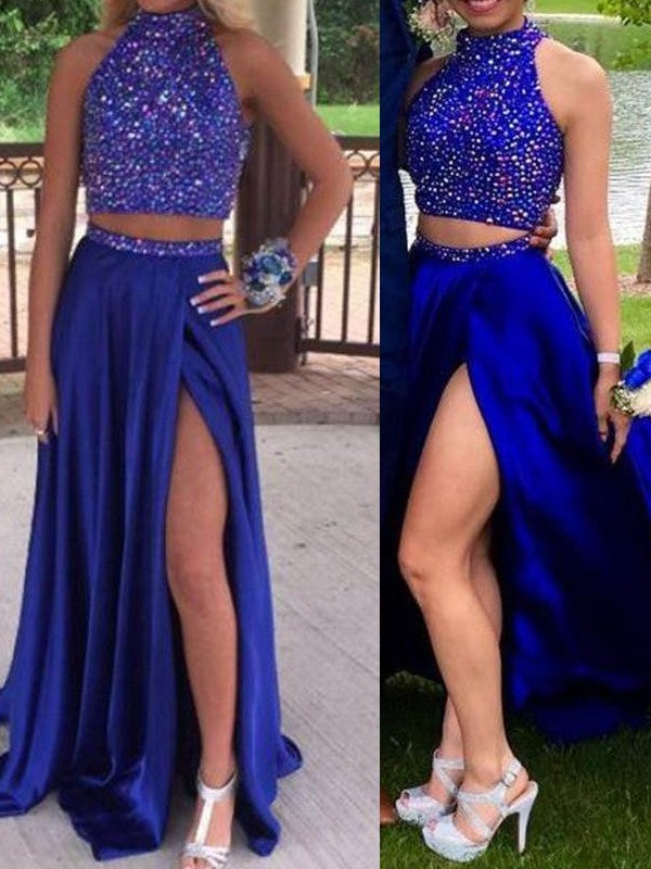 A-Line/Elegant Sleeveless High Neck Elastic Woven Satin Beading Two Piece Prom Dresses