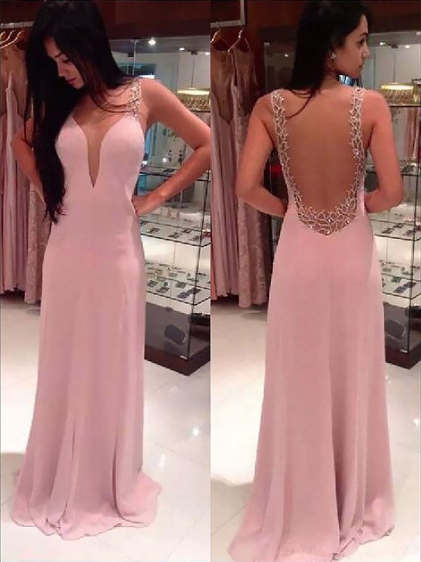 A-Line/Elegant Straps Sleeveless Beading Floor-length Chiffon Prom Dresses