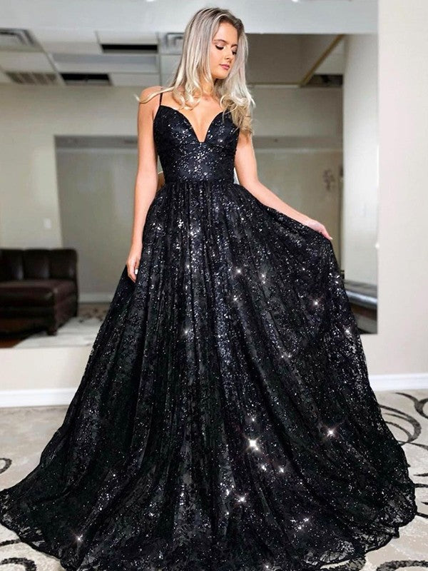 A-Line/Elegant V-neck Sequin Sleeveless Sequins Prom Dresses