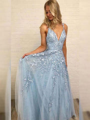 A-Line/Elegant V-neck Sleeveless Floor-Length Applique Tulle Prom Dresses