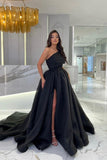 Black A-Line Prom Dress One Shoulder Long Sleeveless with Split BM bride