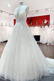 V-Neck Long A-Line Spaghetti Strap Backless Wedding Dress with Tulle Lace BM bride