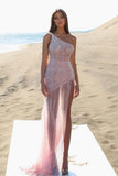 Prom Dress Pink One Shoulder with Beadings, Tassel, High Slit BM bride