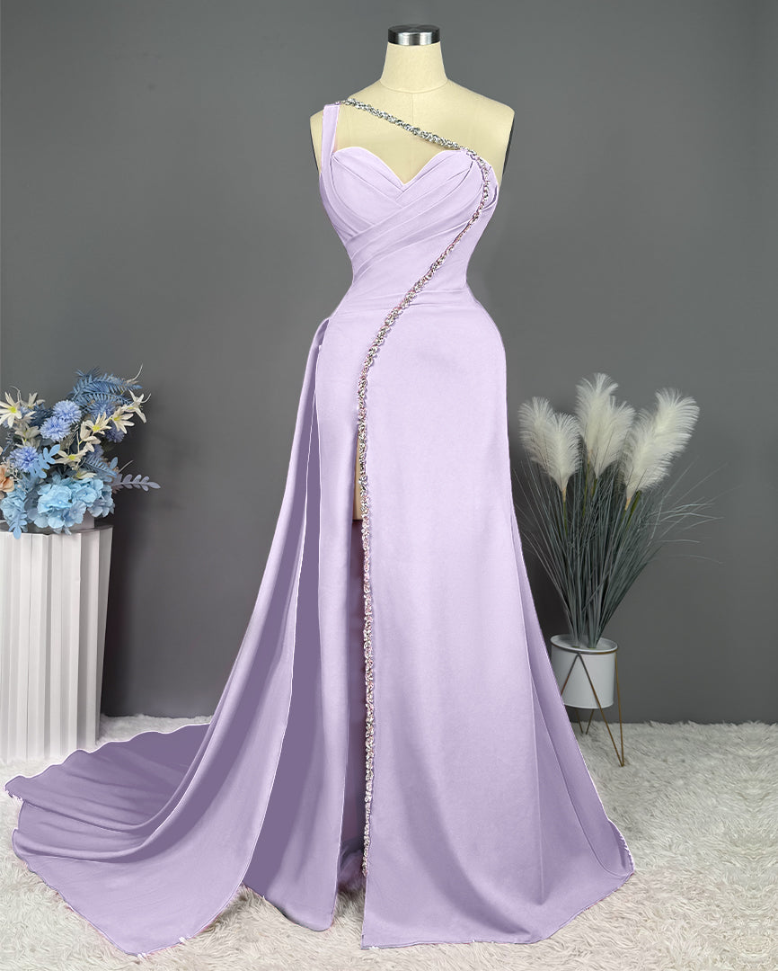 Fuchsia One Shoulder Evening Dress with Slit and Beaded Pleats BM bride