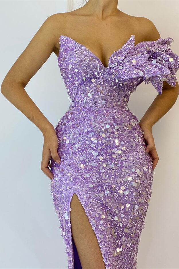 Beautiful Lilac Off-The-Shoulder Mermaid Prom Dress with Sequins and Split BM bride