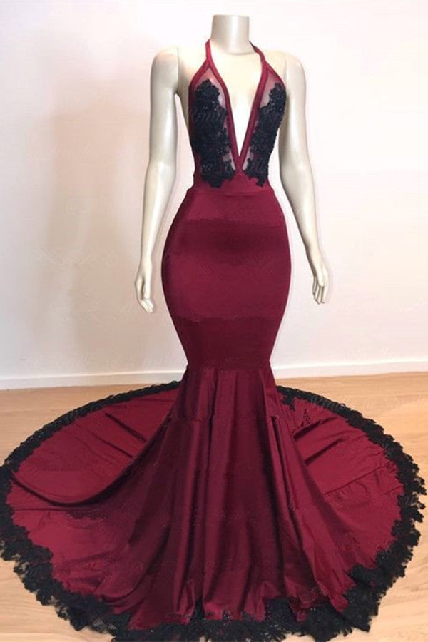 Burgundy Black V-Neck Mermaid Evening Dress Halter with Applique BM bride