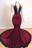 Burgundy Black V-Neck Mermaid Evening Dress Halter with Applique BM bride