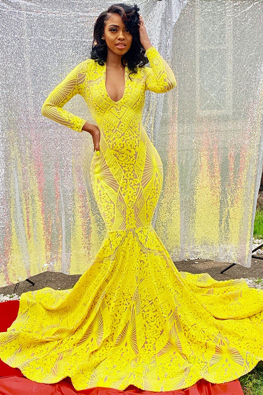 Evening Dress Yellow Mermaid Long Sleeves with Appliques BM bride