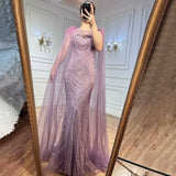 Luxury Feathers and Beaded Mermaid Evening Dress with Cape Sleeves BM bride