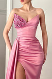 Pink V-Neck Beads Long Slit Mermaid Evening Dress with Ruffles BM bride