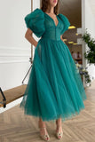 Dark Green V-Neck Evening Dress A-Line with Short Sleeves on Sale BM bride