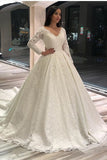 Elegant A-Line Deep V-Neck Long Sleeve Floor-Length Wedding Dress with Lace Appliques BM bride