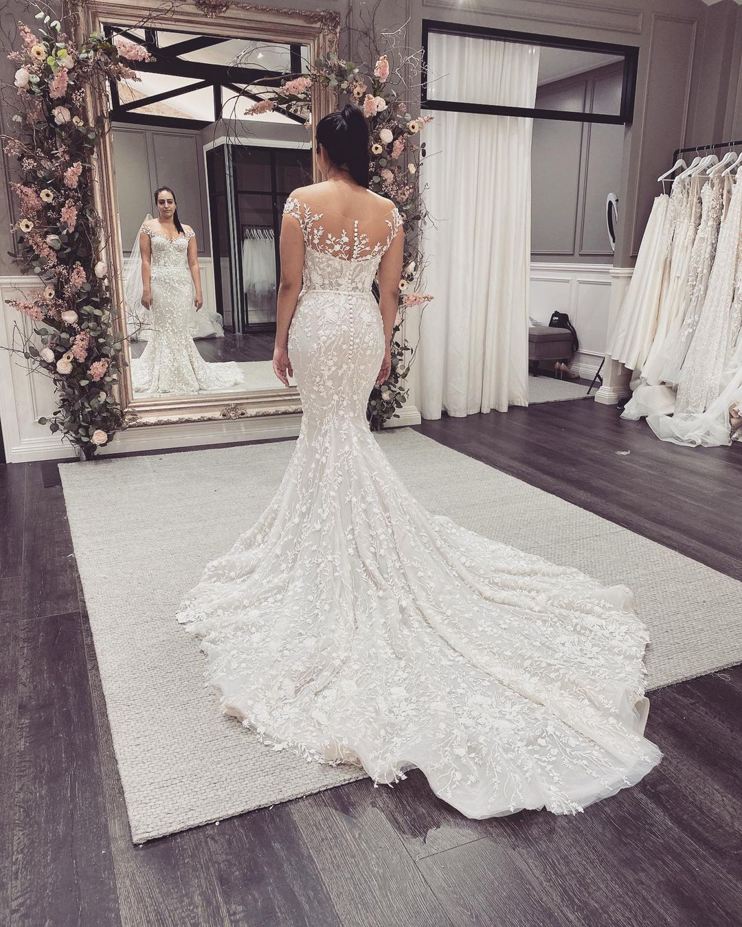 Off-the-Shoulder Backless Floor-Length Mermaid Wedding Dress with Lace Appliques BM bride