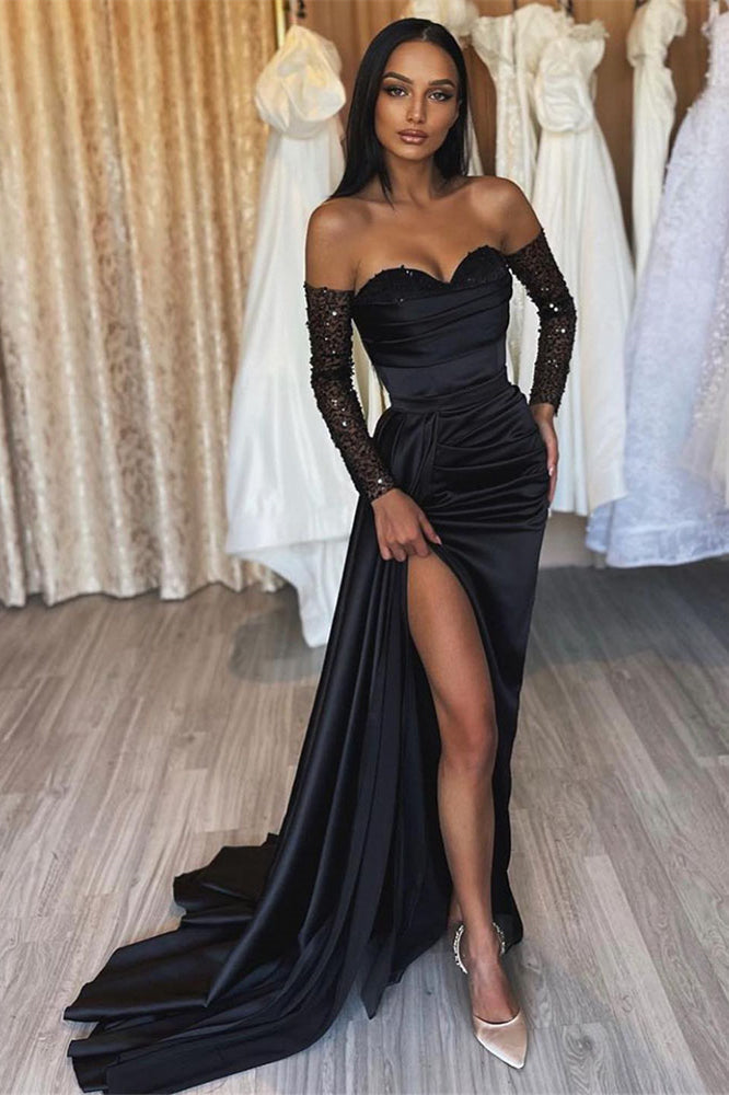 Amazing Long Black Mermaid Split Front Sequined Prom Dress-BMbride.com