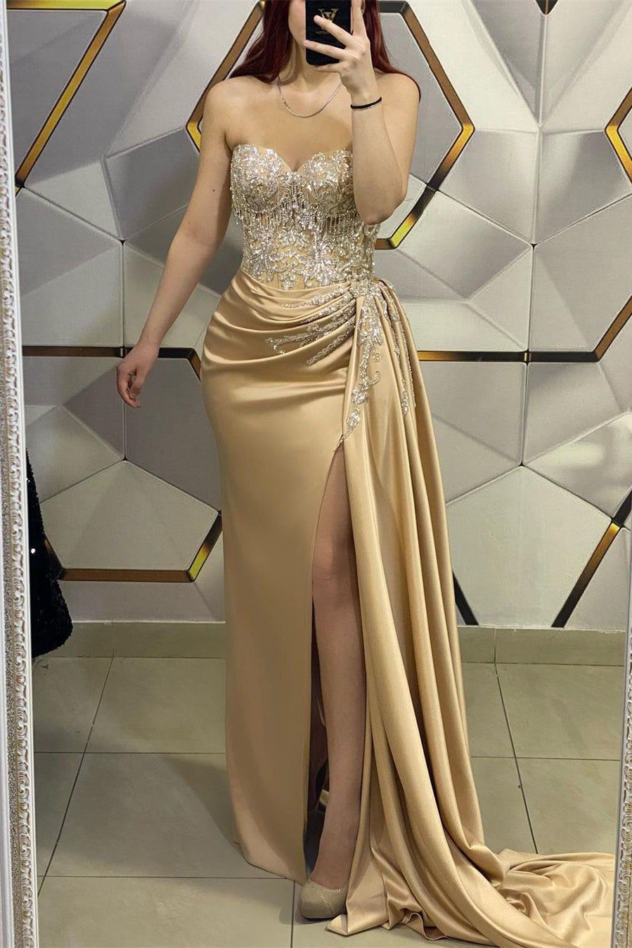 Amazing Long Champagne Sleeveless Beading Lace Prom Dress With Slit-BMbride.com