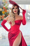 Charming Red Evening Dress Off-the-Shoulder Strapless Long Sleeve with Slit BM bride