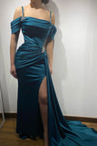 Ink Blue Prom Dress Spaghetti Strap Charmeuse Sleeveless High Slit BM bride