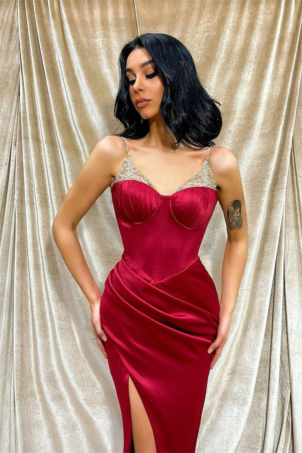 Burgundy Spaghetti-Strap Front Split Mermaid Evening Dress with Beadings BM bride