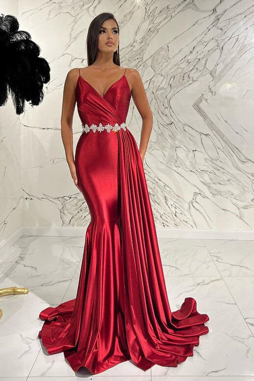 Elegant Red Spaghetti-Strap Deep V-Neck Mermaid Evening Dress with Belt Ruffles BM bride