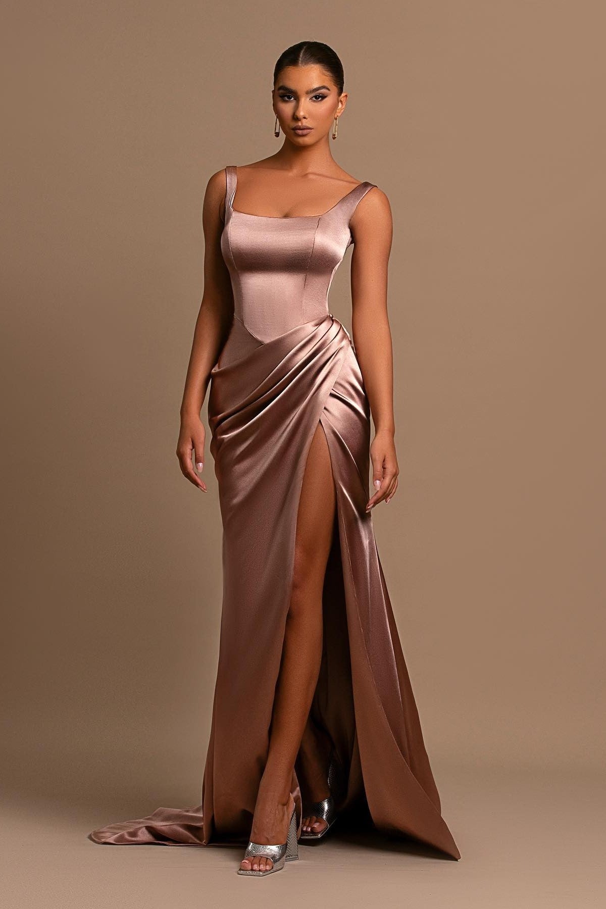 Gorgeous Lotus Root Pink Ball Gown Evening Dress Wide Shoulder Straps Square Neckline Pleated Slit BM bride