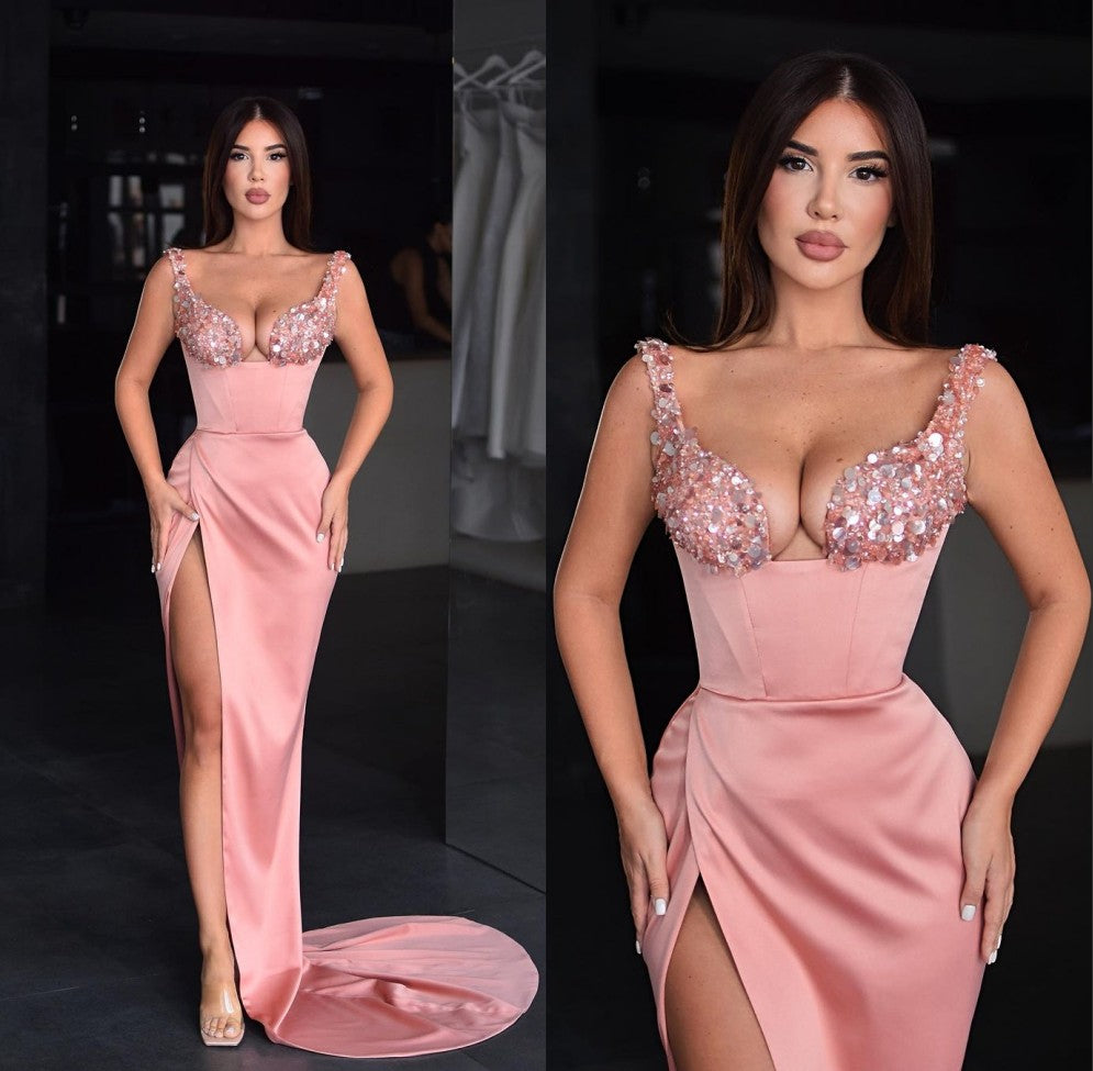 Beautiful Pink Sequins Spaghetti Strap Prom Dress with Satin and Slit BM bride