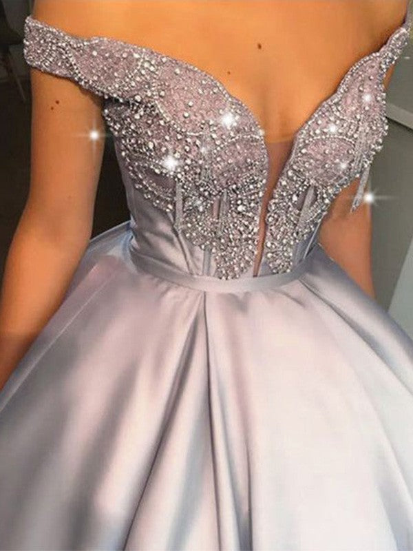 Ball Gown Beading Satin Off-the-Shoulder Sleeveless Floor-Length Prom Dresses