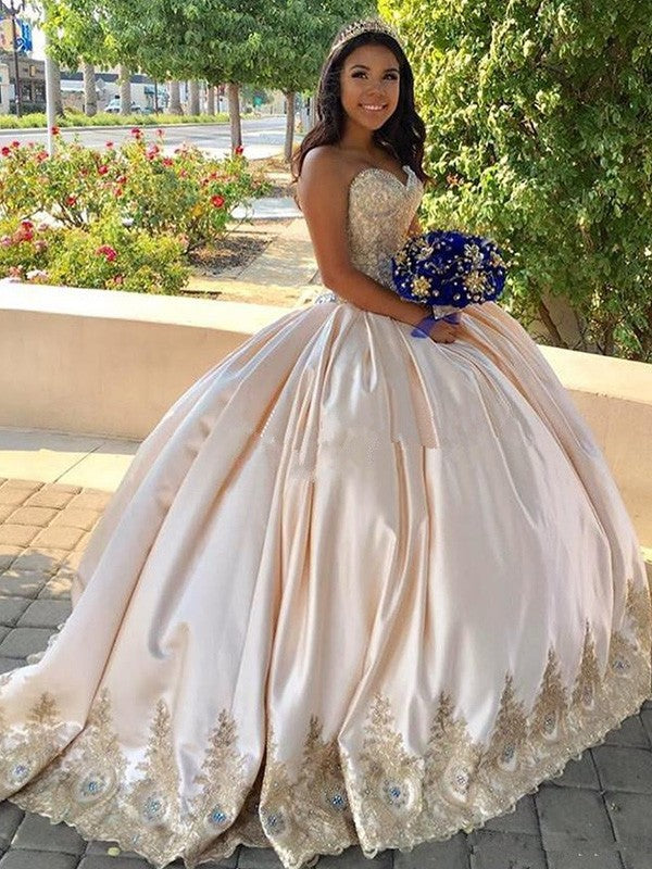 Ball Gown Beading Sweetheart Satin Sleeveless Prom Dresses