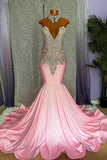 Pink Halter Evening Dress with Rhinestone Appliques BM bride